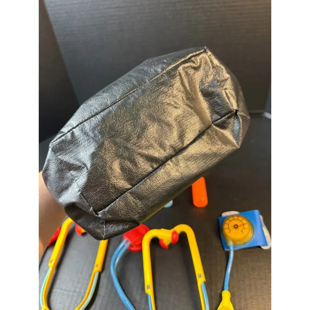 Vtg Fisher Price Medical Kit Doctor Bag 1987 Black w/Accessories 12 Pieces *READ
